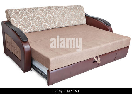 Queen-size pull out sofa-bed light brown fabric and storage space,  isolated on white background, saved path selection. Stock Photo