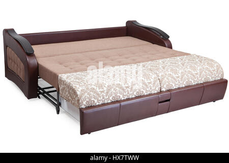 Full-size pull-out sofa sleeper light brown fabric and warehouses, isolated on white background, saved path selection. Stock Photo