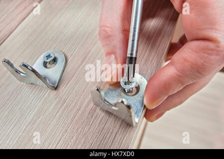 Screw Being Screwed In Wooden Furniture using phillips screwdriver close-up. Stock Photo