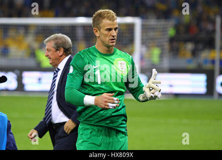 KYIV, UKRAINE - SEPTEMBER 10, 2013: Goalkeeper Joe Hart of England walks on after the FIFA World Cup 2014 qualifier game against Ukraine at NSC Olympi Stock Photo