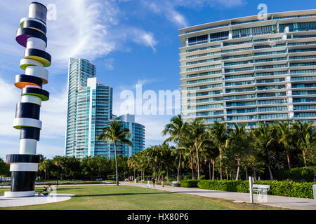 Miami Beach Florida,South Pointe Park,public park,lawn,Art in Public Places,Obstinate Lighthouse,sculpture,Tobias Rehberger,luxury condominium,buildin Stock Photo