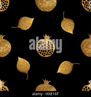 Gold abstract pomegranate pattern. Hand painted seamless background. Summer fruit illustration. Stock Photo