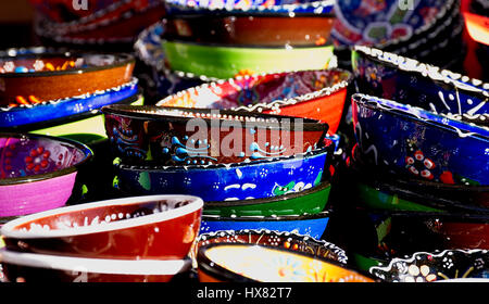 Beautiful pottery,colorful,Turkish hand painted ceramic bowls on street market in Stoke on Trent,Staffordshire,United Kingdom. Stock Photo