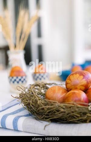 Traditionally dyed Easter eggs using onion skins, flowers and plants Stock Photo