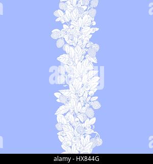 Seamless border of twigs blueberry and raspberry with berries and leaves on a blue background. Berries are painted by hand painted blue lines and whit Stock Vector