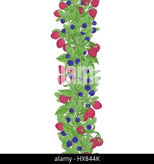 Seamless colored border of twigs blueberry and raspberry with berries and leaves on a white background. Berries are painted by hand and dark lines are Stock Vector