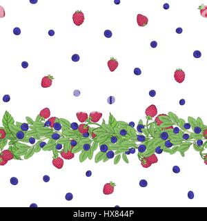 Seamless natural pattern of berries with a border of twigs with raspberries and blueberries. Elements of the pattern drawn by hand a dark outline and  Stock Vector