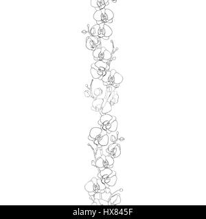 Seamless natural border of the branches of blooming orchids in bud, draw the outline. Phalaenopsis. Background. Hand drawn vector illustration. Stock Vector