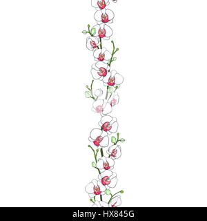Seamless natural border of the branches of blooming white orchids with a bright center and buds. Phalaenopsis. Background. Hand drawn vector illustrat Stock Vector