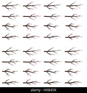 Set of spring branches with buds unblown leaves and flowers, with pink and blue flowers and green leaves. Sakura, cherry. Flat vector illustration. Stock Vector