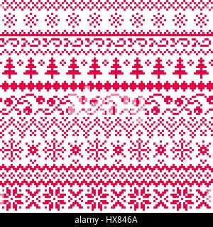 Christmas seamless vector pattern with ethnic motifs in red on a white background. New Year. Pixel. Stock Vector