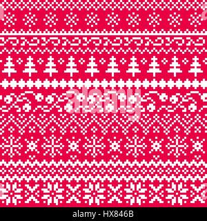 Christmas seamless vector pattern with ethnic motifs in white on a red background. New Year. Pixel. Stock Vector
