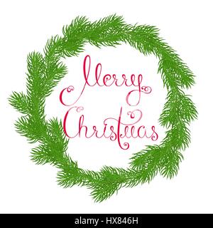 Festive wreath or frame made of fir branches with Merry Christmas greetings written with beautiful calligraphy in red letters on a white background. H Stock Vector