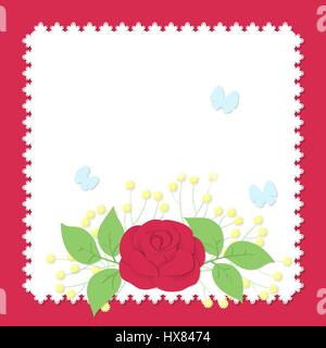 Abstract 3D image in paper style with flowers. Bouquet with butterflies on the background with openwork edge in origami style. Vector illustration Stock Vector