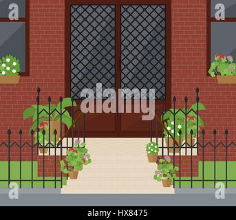 The front door with stairs and flowers in pots. Entrance to a beautiful door in a flat style. Vector illustration. Stock Vector