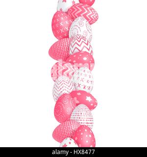 Seamless vertical Easter border made from white eggs of red eggs decorated with different patterns on a white background. Isolated. Vector illustratio Stock Vector