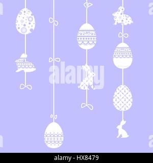 Happy Easter greeting card or background. Decoration with easter bunny and decorated Easter eggs hanging on ribbons with bows. Vector illustration Stock Vector