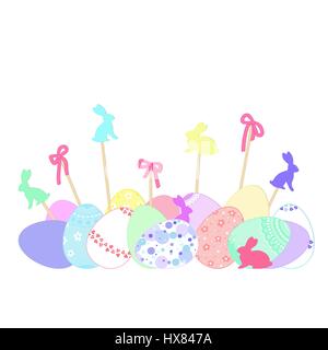 Beautiful colored Easter eggs with ornaments are a handful and decorated Easter bunny and ribbons on sticks. Greeting card or background for Easter. V Stock Vector