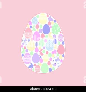 Greeting card with a silhouette of Easter egg on a gentle pink background filled with colorful Easter eggs with beautiful patterns and the Easter bunn Stock Vector