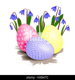 Several easter bright colored eggs decorated with patterns surrounded by spring blue primrose flowers with green leaves on a white background. Happy e Stock Vector