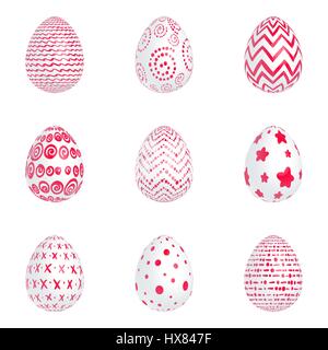 Set of Easter white eggs with red patterns on a white background. Isolated. Vector illustration Stock Vector