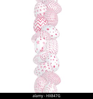 Seamless vertical easter border of white eggs decorated with red patterns on a white background. Isolated. Vector illustration Stock Vector