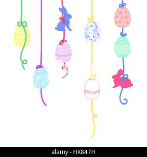 Happy Easter greeting card or background. Easter bunny and Easter eggs with ornaments hung on ribbons with bows. Vector illustration Stock Vector