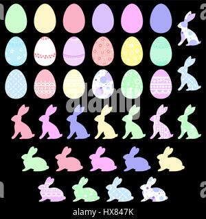 Happy easter elements isolated on a black background. Colored and patterned Easter bunnies and Easter eggs for your creativity. Vector illustration Stock Vector