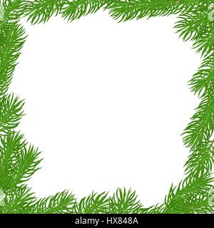 Natural Christmas square frame of bright green fir branches. Background. Hand drawn vector illustration. Stock Vector