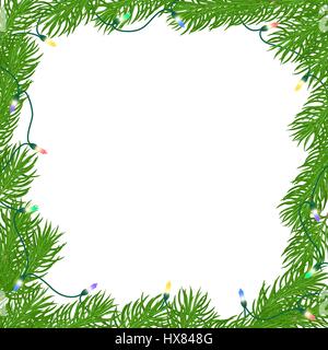 Natural Christmas square frame of bright green branches of fir, entangled luminous garland of colored light bulbs. Isolated from the background. Hand  Stock Vector