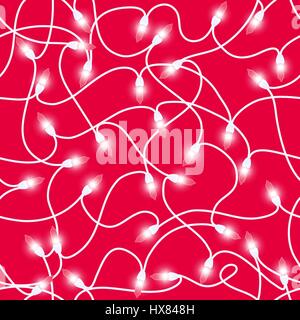 Seamless Christmas pattern of glowing electric garlands with lights and white wire. Isolated from the background. Hand drawn vector Stock Vector
