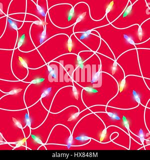 Seamless Christmas pattern of luminous colored electric garlands with lights and white wire. Isolated from the background. Hand drawn vector Stock Vector