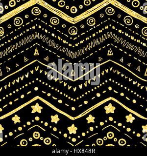 Vector seamless pattern of hand-drawn elements on a black background with a texture of golden glitter and shine Stock Vector