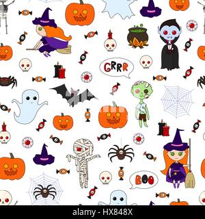 Seamless pattern with cute cartoon monsters and a variety of items for Halloween on a white background. Vector illustration Stock Vector