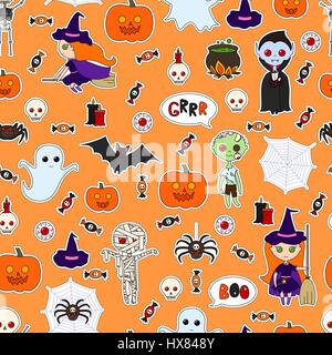 Seamless pattern with cute cartoon monsters and a variety of items for Halloween on on an orange background. Vector halloween background with stickers Stock Vector