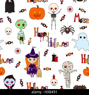 Seamless pattern with cute cartoon monsters, various objects and words (Happy Halloween, Monster), decorated in bright colors on a white background. V Stock Vector