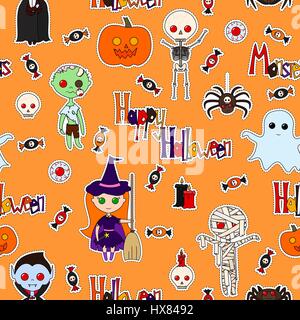 Seamless pattern with cute cartoon monsters, various objects and words (Happy Halloween, Monster), decorated in bright colors on an orange background. Stock Vector