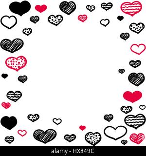 The square frame consisting of a variety of different sized hearts drawn by hand on a white background red and black colors. Isolated. Vector illustra Stock Vector