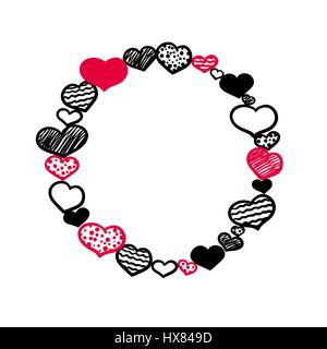 Round frame or wreath of different hand-drawn hearts of red and black on a white background. Vector illustration Stock Vector
