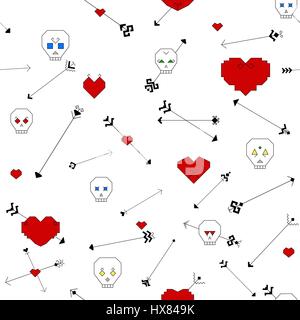 Seamless pattern with stylized skull, heart and arrows on a white background. Arrows drawn with the traditional elements of the Chuvash culture. Vecto Stock Vector