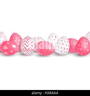 Seamless horizontal Easter border made from white eggs of red eggs decorated with different patterns on a white background. Isolated. Vector Stock Vector
