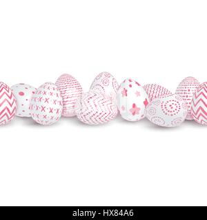 Seamless horizontal easter border of white eggs decorated with red patterns on a white background. Isolated. Vector illustration Stock Vector