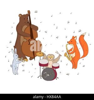 Cute forest animals playing musical instruments. Music group, Jazz Band. Children's vector illustration. Stock Vector