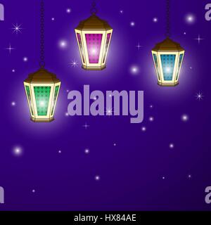 Greeting Card Ramadan Kareem with a lit flashlight Arabic on a violet background with luminous elements. Vector illustration. Isolated from background Stock Vector
