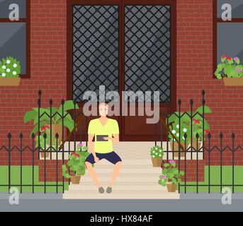 Man sitting on the stairs near the front door with an electronic tablet in hands. Vector illustration Stock Vector