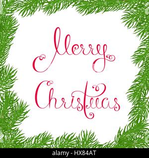 Square frame with sprigs of spruce, covered with snow and delicate snowflakes with Merry Christmas greetings in red on a white background. Isolated. C Stock Vector