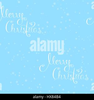 Seamless festive pattern greeting Merry Christmas written in white beautiful calligraphic lettering on a blue background surrounded by snowflakes. Stock Vector