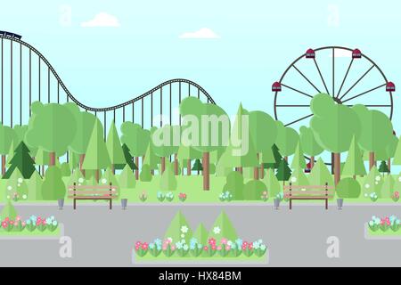 City amusement park without people. Flat park for recreation. Vector illustration. Stock Vector