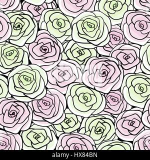 Seamless natural floral pattern of pastel roses of different colors painted a black outline. Hand drawn vector illustration. Stock Vector