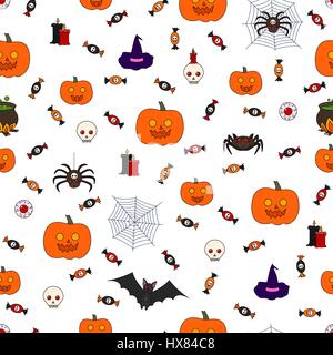 Seamless vector pattern with various items for Halloween, bats and spiders on a white background. Stock Vector